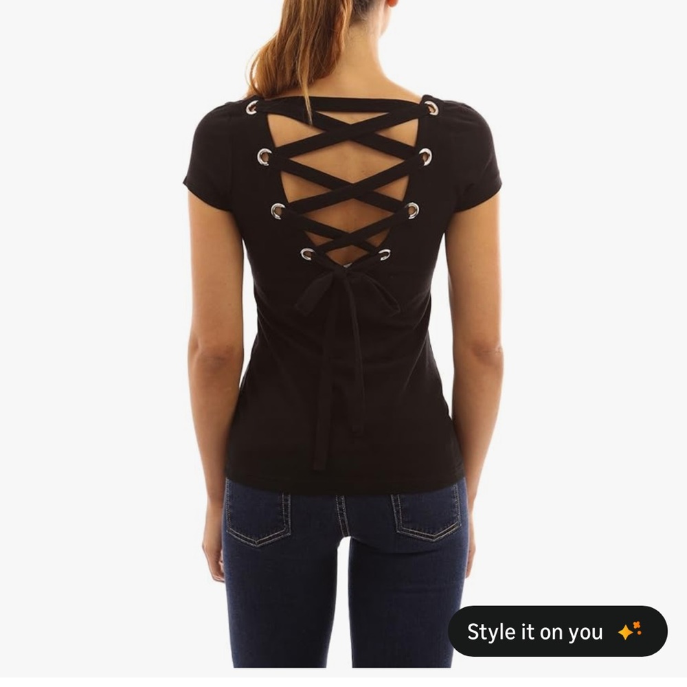 PattyBoutik Black Lace-Up Back Short Sleeve Top